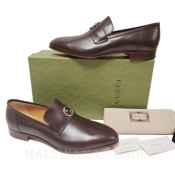 GUCCI SHOES MENS INTERLOCKING G LOGO PLAQUE BROWN LEATHER LOAFERS sz 12.5 / 13 U - Picture 2 of 15